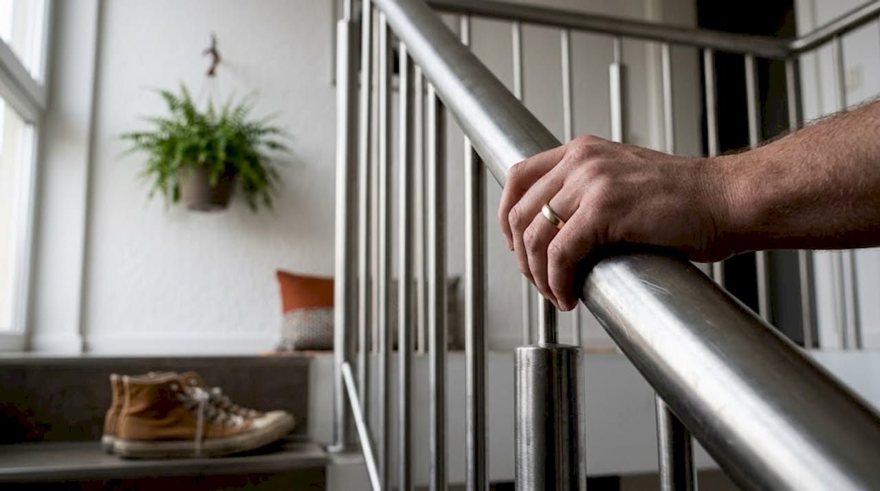 Zoom sur une main posée sur une rampe en acier brossé.