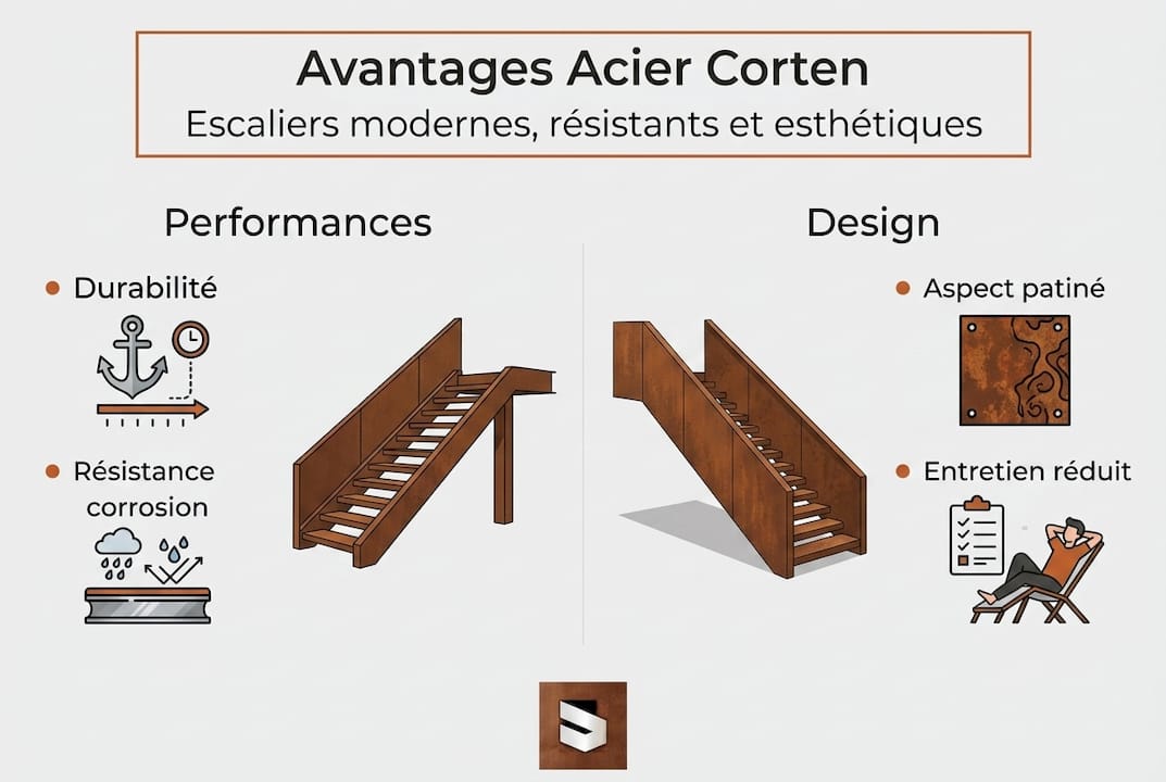 Infographie : pourquoi choisir un escalier en acier Corten ? Atouts et utilisations
