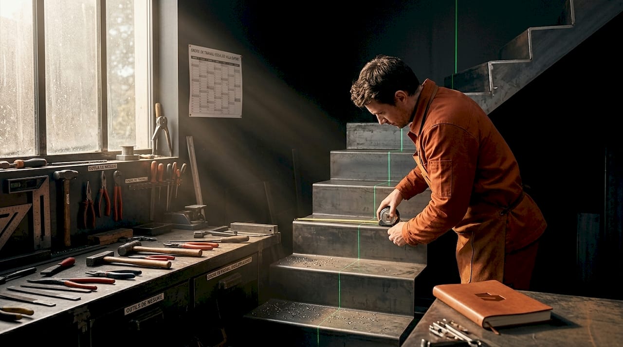 Un artisan prend les mesures d’un escalier en acier dans son atelier.