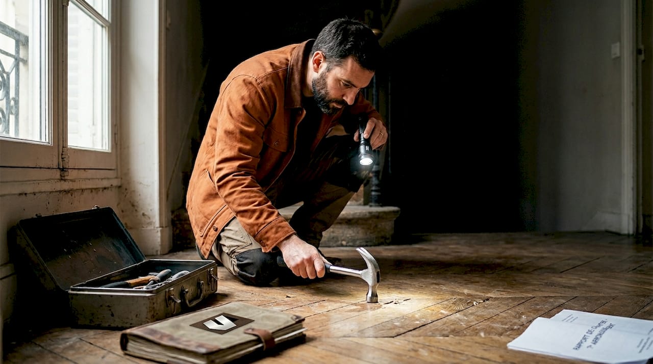 Un artisan vient examiner l’état du vieux plancher en bois près de l’escalier.