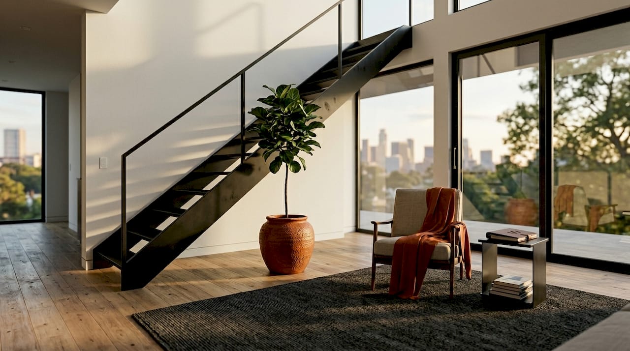 Escalier en acier au design épuré intégré dans un intérieur contemporain
