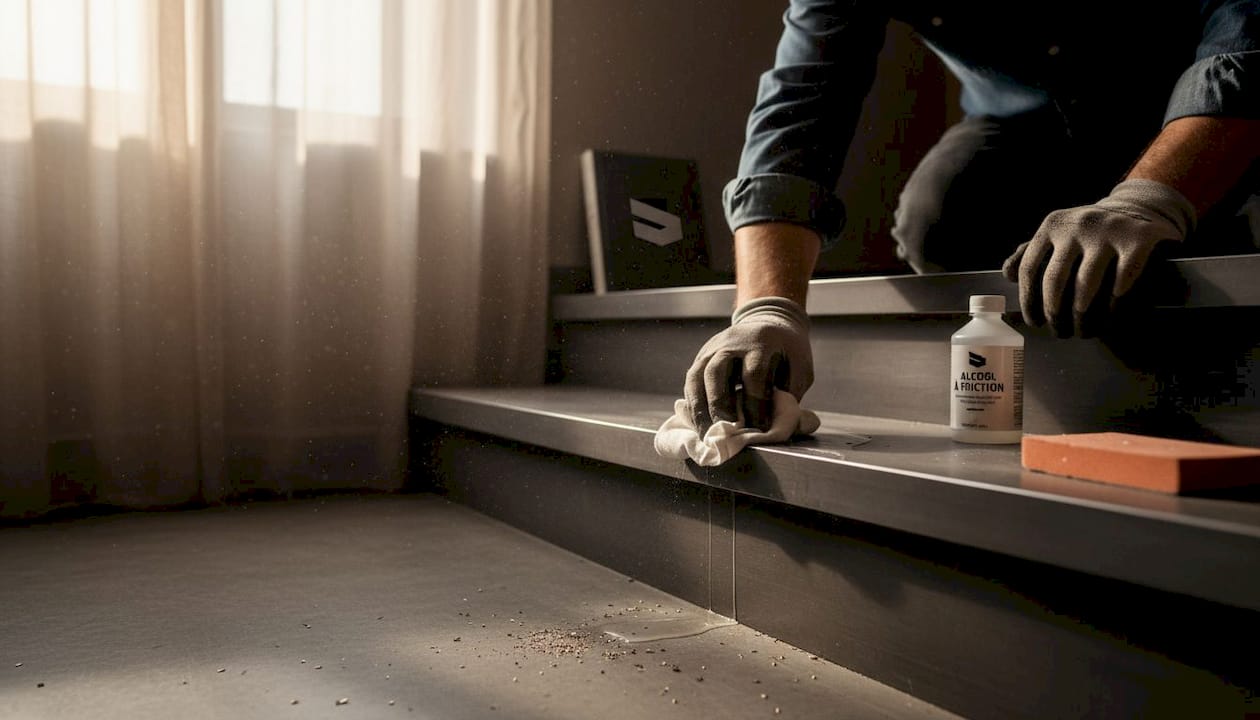 Des mains s’affairent à nettoyer une marche d’escalier en acier.