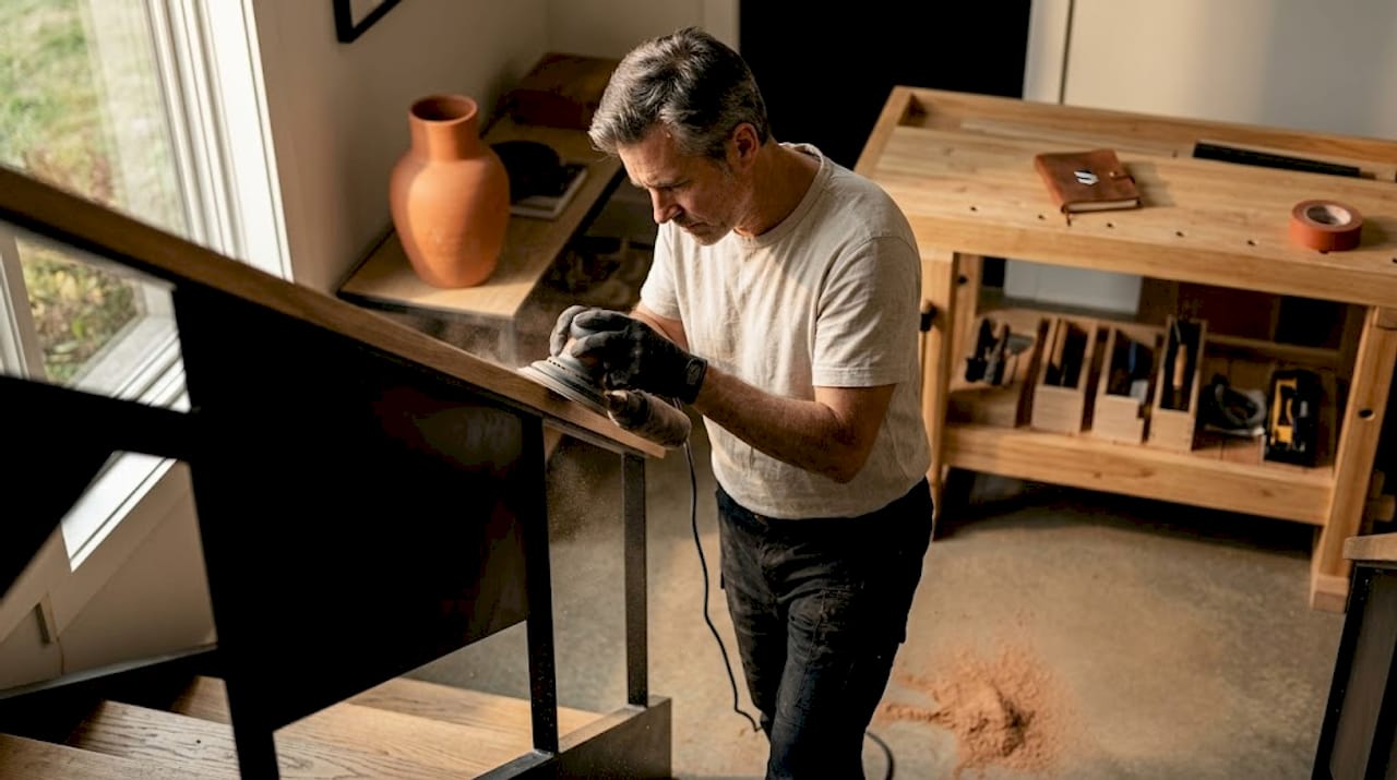 Un artisan s’applique à poncer un escalier en bois dans le couloir d’une maison.