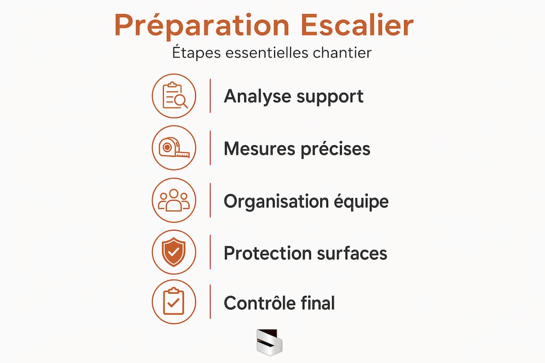 Schéma vertical illustrant les grandes étapes de la préparation d’un escalier