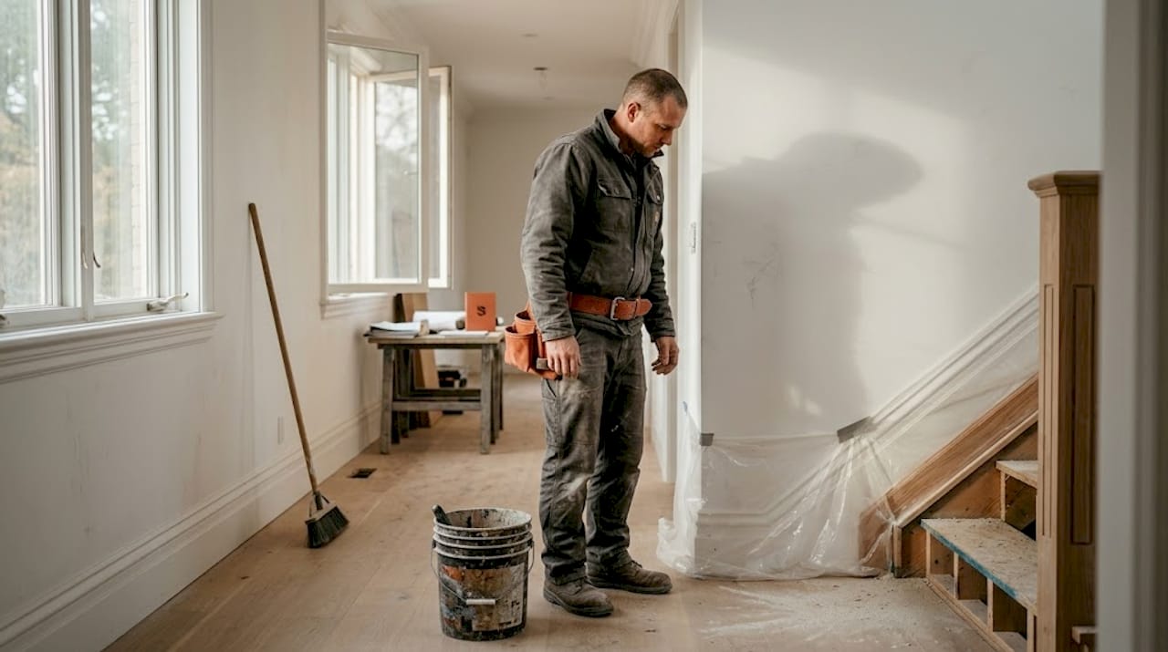 Un professionnel se rend sur le chantier pour évaluer l’emplacement et préparer l’installation d’un nouvel escalier.