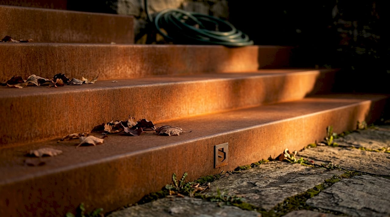 Zoom sur le design d’un escalier en acier corten installé sur la terrasse, apportant une touche contemporaine à l’espace extérieur.