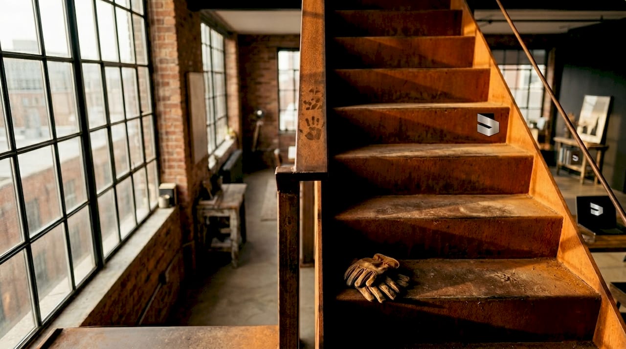 Un escalier en acier Corten à la patine apparente, véritable pièce maîtresse d’un loft contemporain.