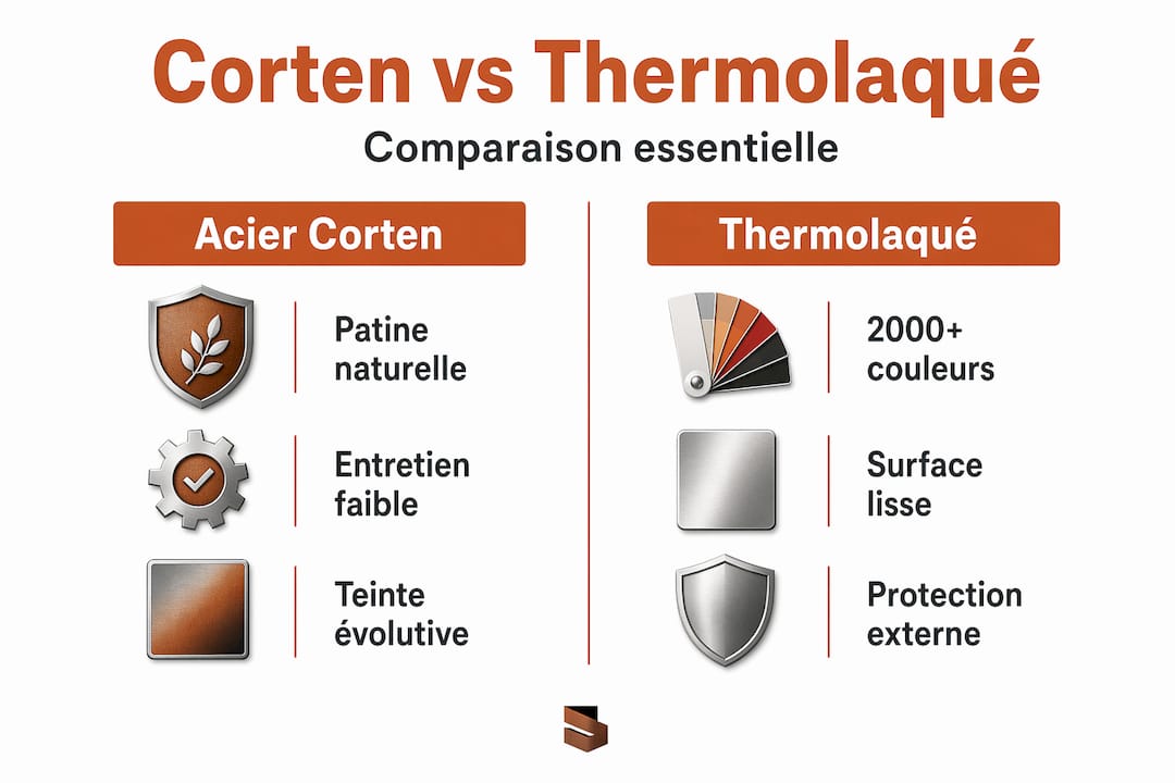 Infographie : les différences entre l’acier corten et la finition thermolaquée