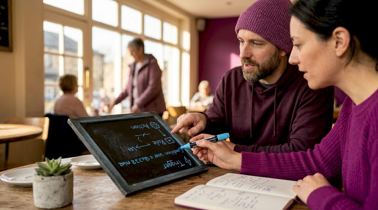 IT specialist writing automation stages on whiteboard