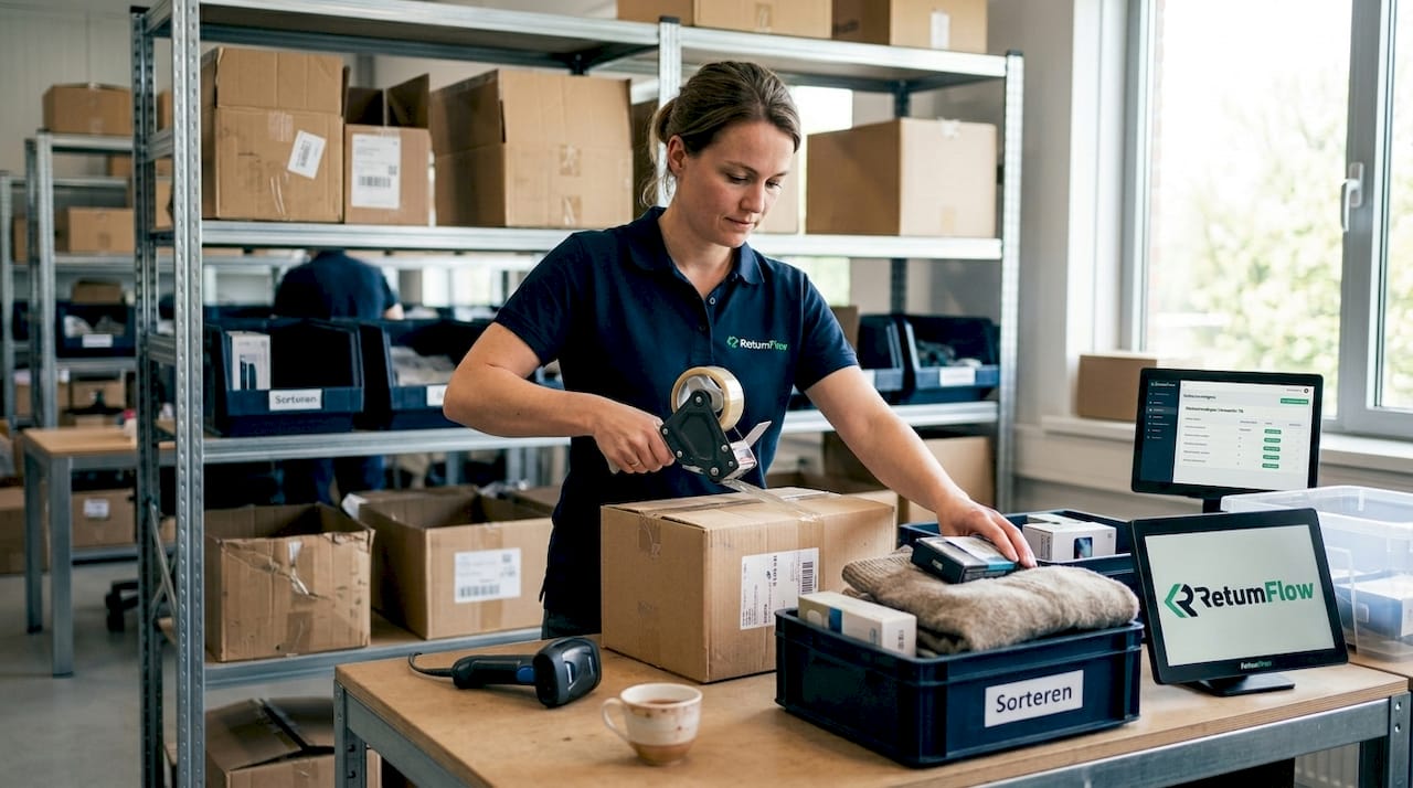 Een medewerker maakt herbruikbare retourverpakkingen klaar.