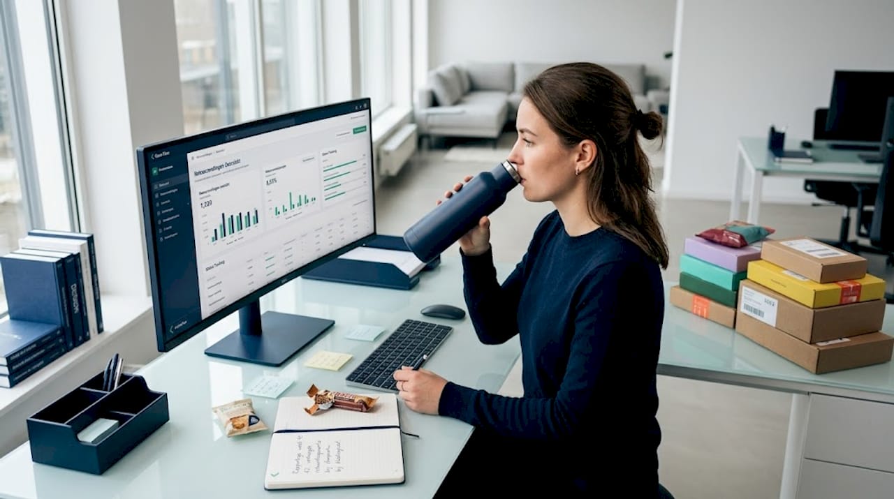 De e-commerce manager houdt de retourzendingen nauwlettend in de gaten via zijn computer.