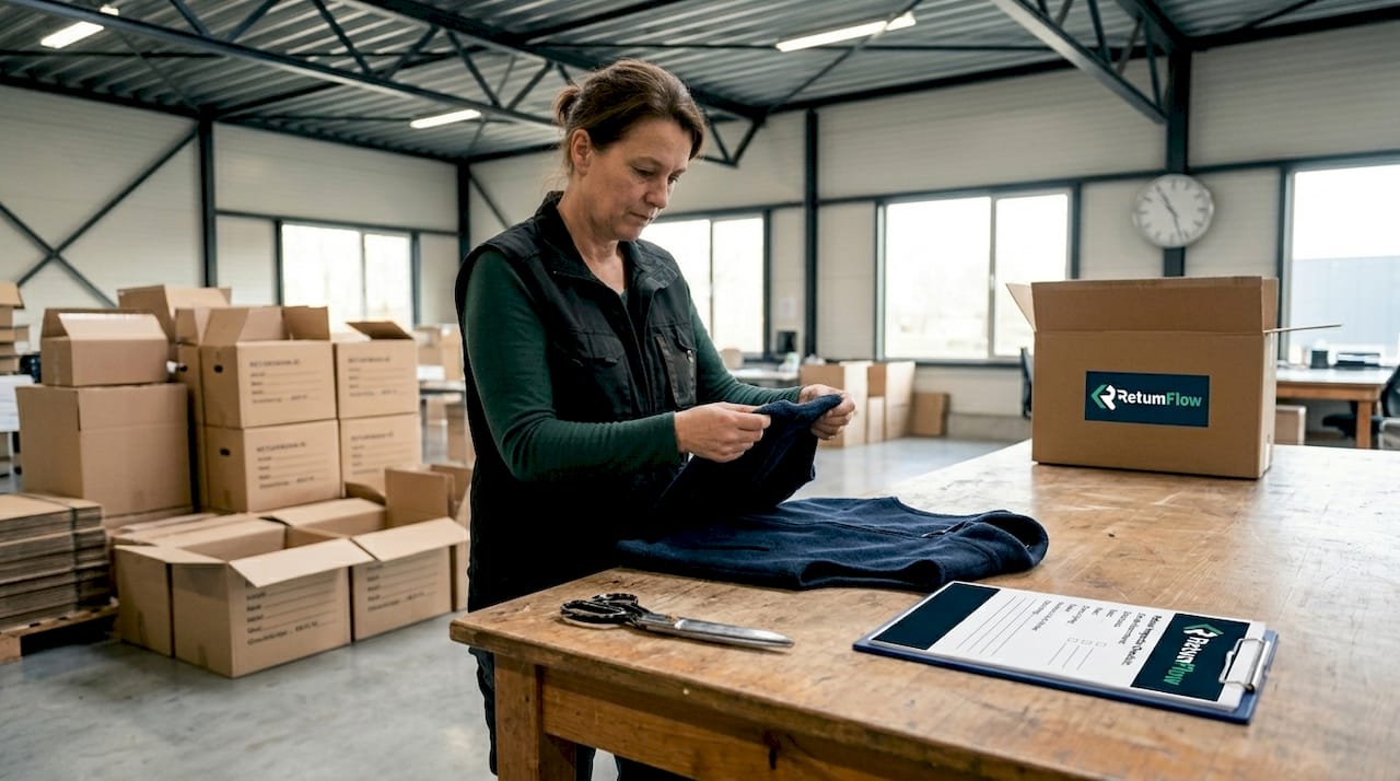 Een medewerker controleert een product in het retourmagazijn.