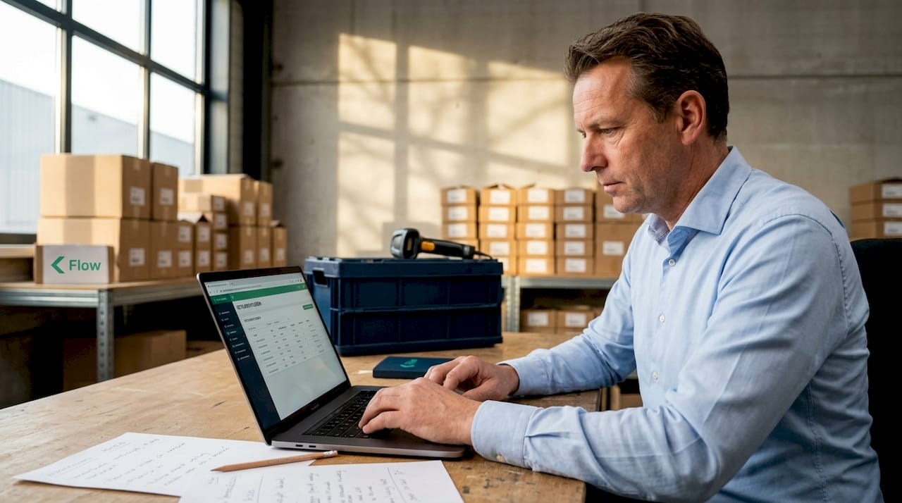 Een medewerker verwerkt de retourzendingen aan de tafel.