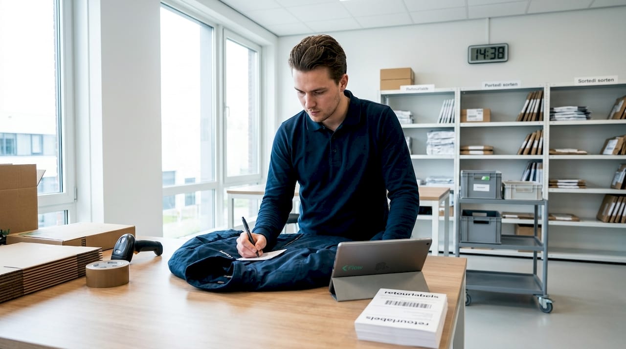 Een medewerker uit het magazijn bekijkt een teruggestuurd product zorgvuldig om te controleren of alles in orde is.
