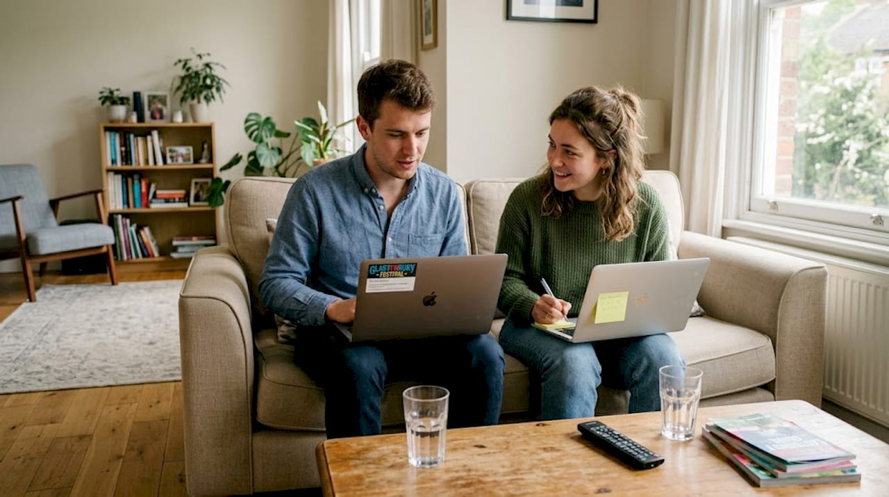 Friends organizing ticket registration on sofa