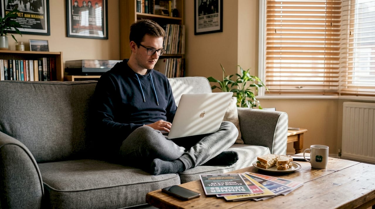 Man reading festival updates on laptop at home