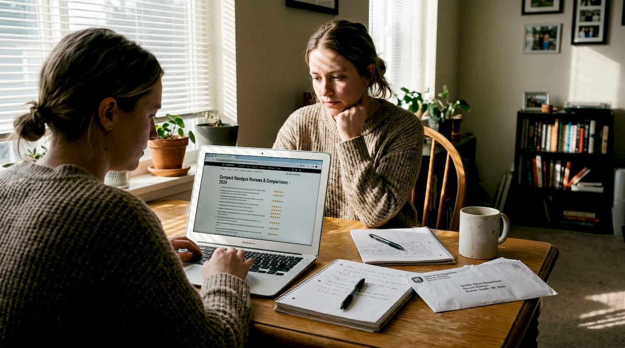 Choosing firearm online at home table