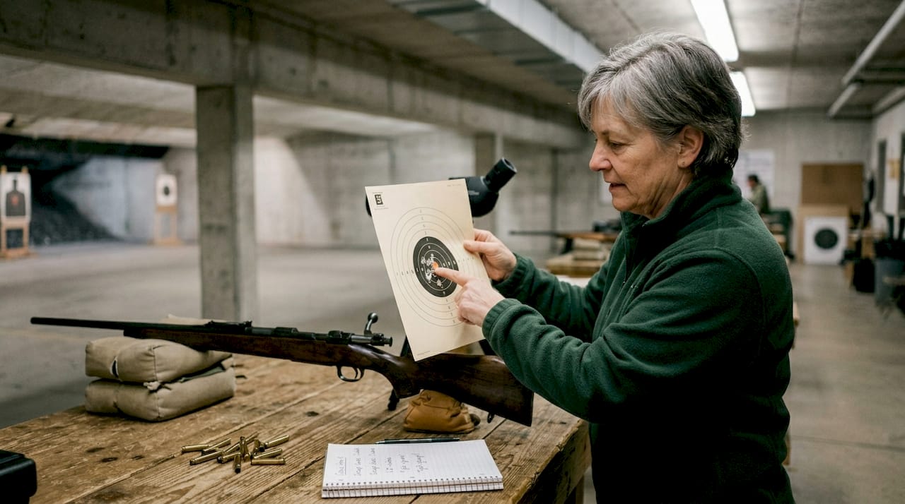 Shooter reviewing tight groupings at target range