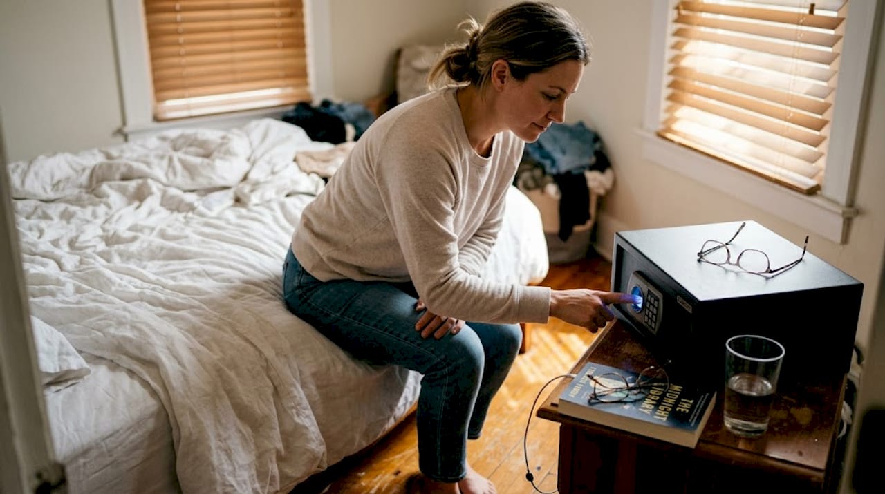 Opening biometric firearm storage safe on bedroom nightstand