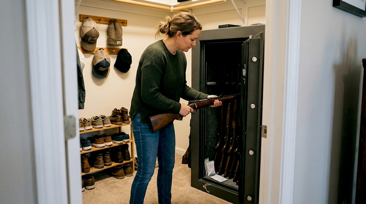 Woman placing rifle inside home gun safe