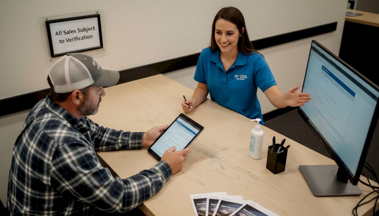 Customer reviewing form as dealer checks information