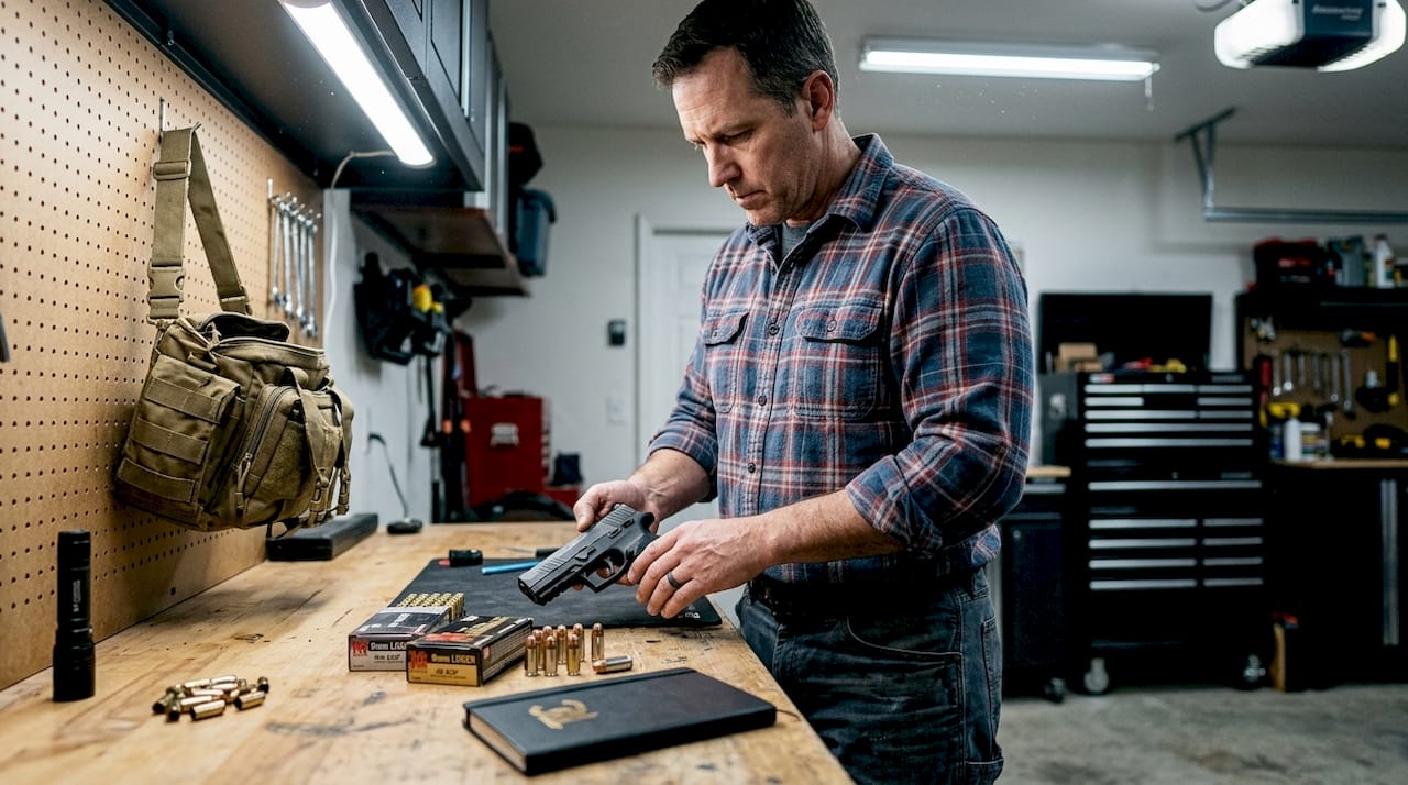 Man sorting defense ammo at home workbench