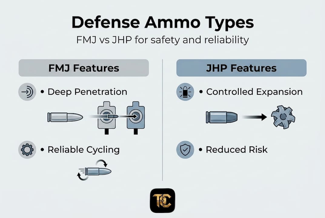 Infographic comparing FMJ and JHP ammo features