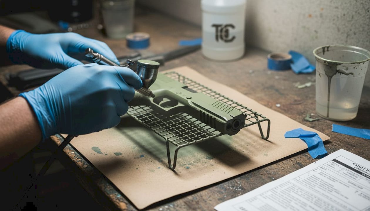 Hands applying Cerakote with airbrush to pistol slide