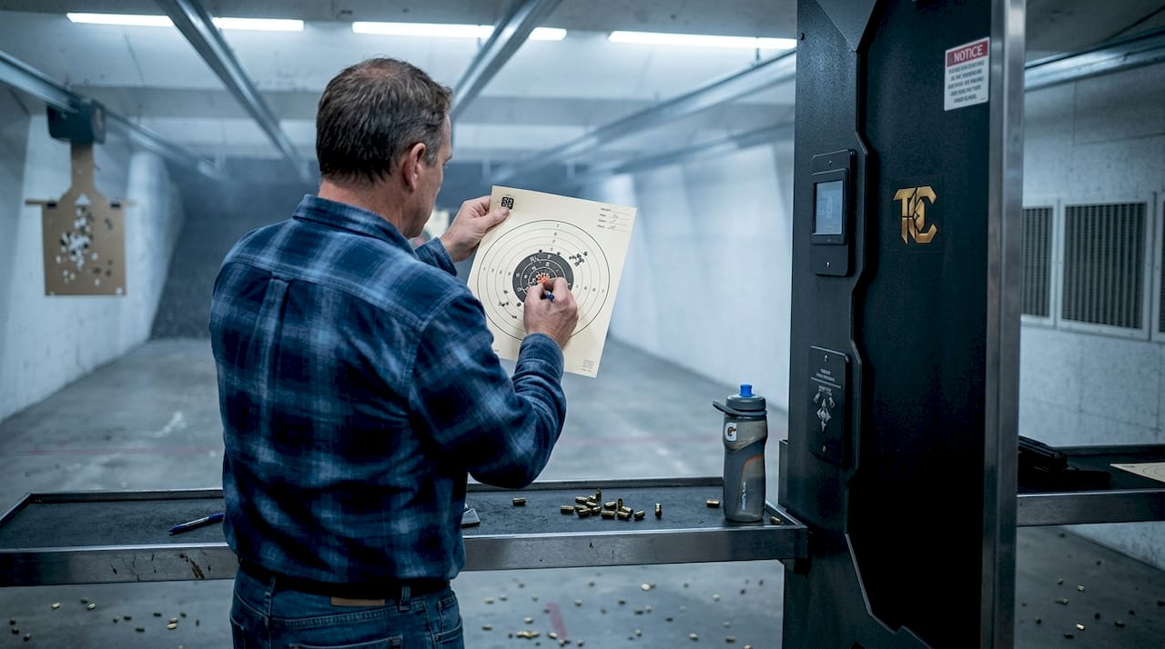 Shooter analyzing paper target at indoor range