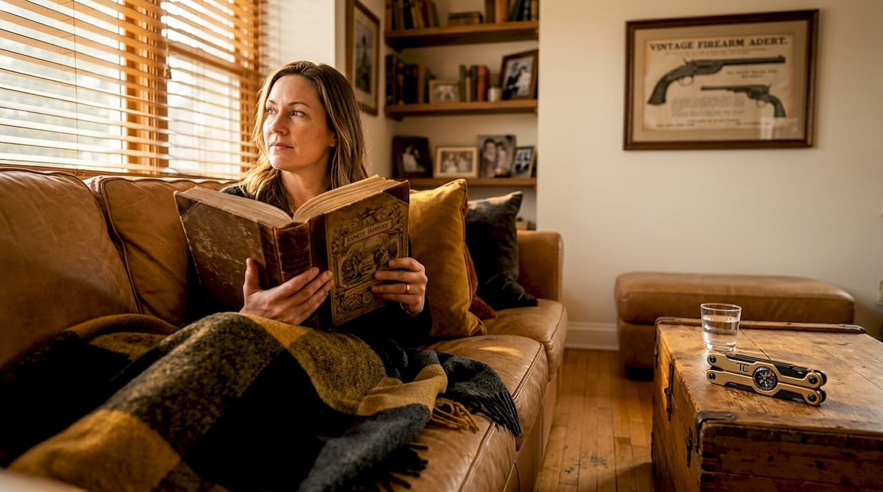 Woman reading near vintage firearms advertisement