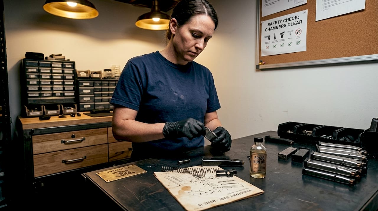 Technician cleaning magazines at basement workbench
