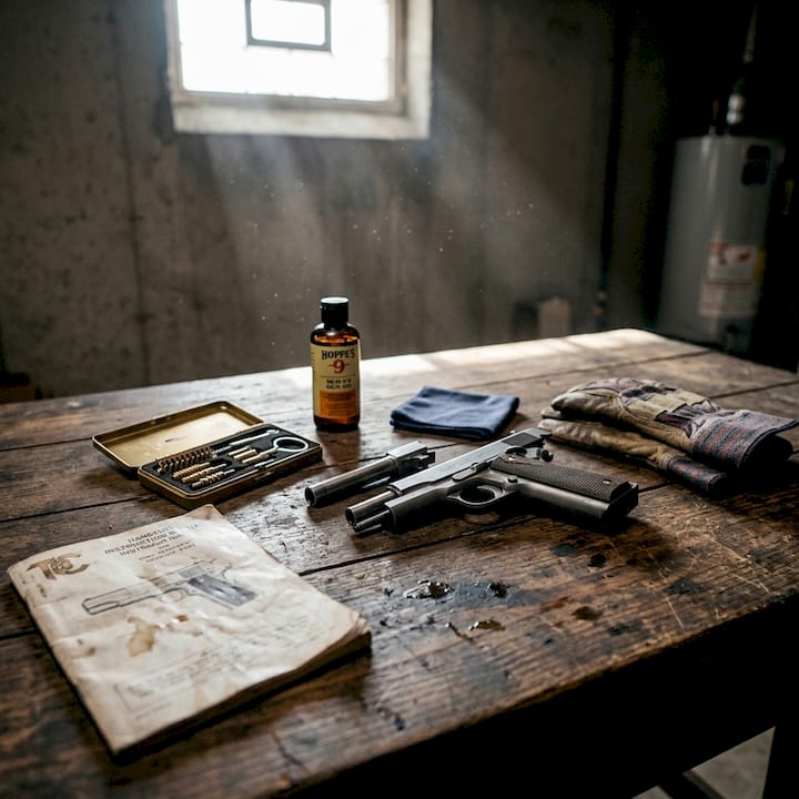 Firearm cleaning tools on wooden table