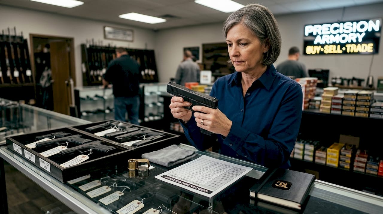 Shop associate inspecting used pistol condition
