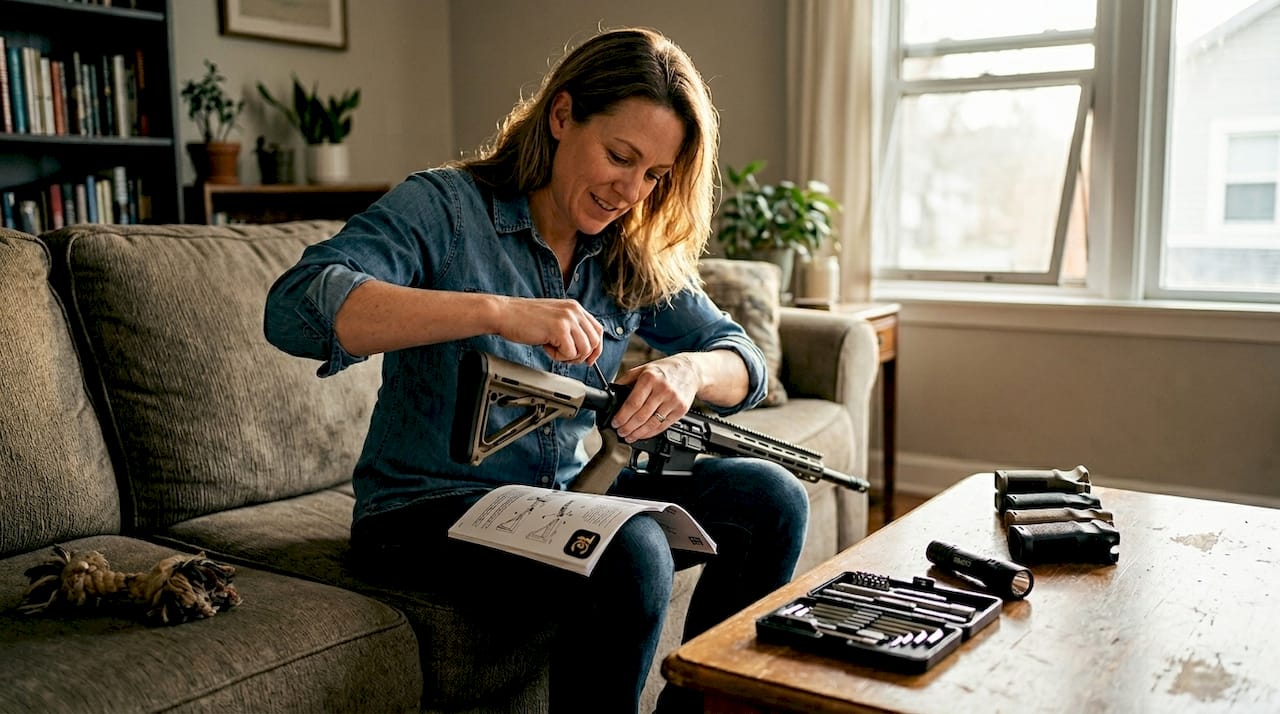 Woman attaching stock upgrade in living room