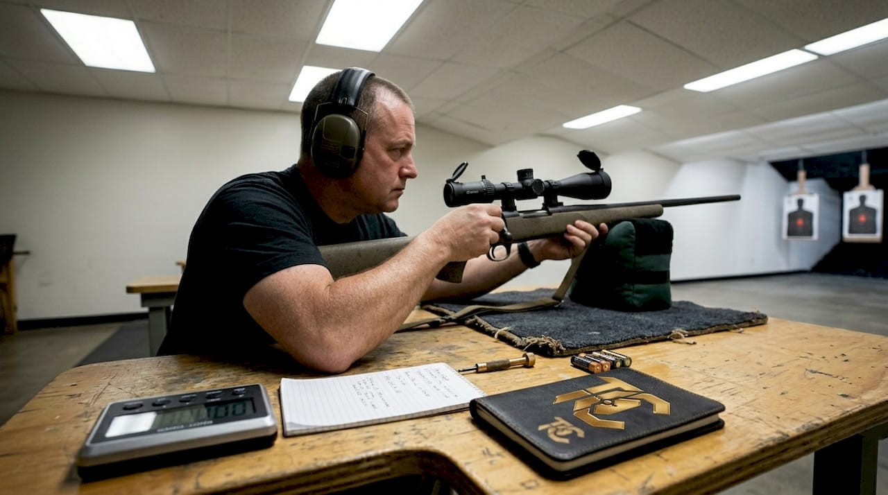 Shooter viewing target through magnified scope