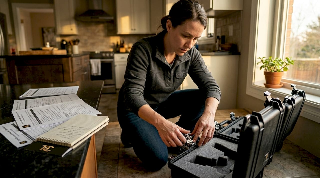 Person inspecting firearm travel cases with checklist