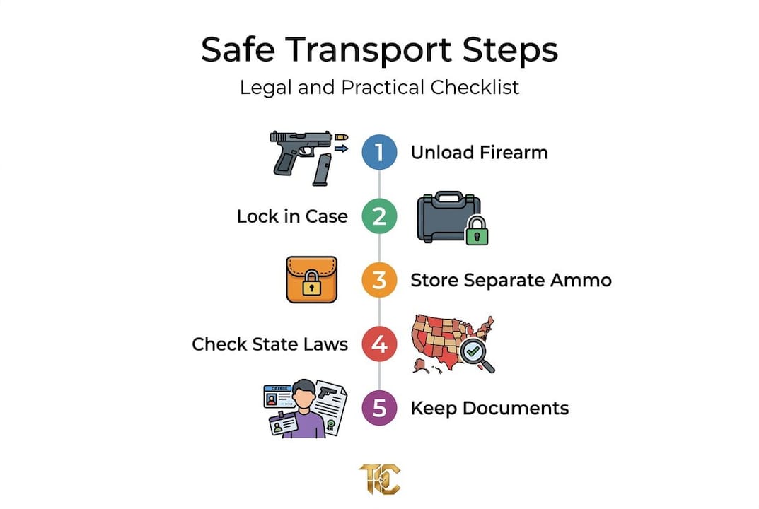 Infographic showing five steps for transporting firearms