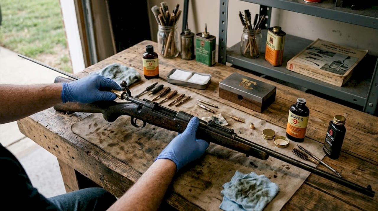 Hands cleaning rifle barrel on workbench