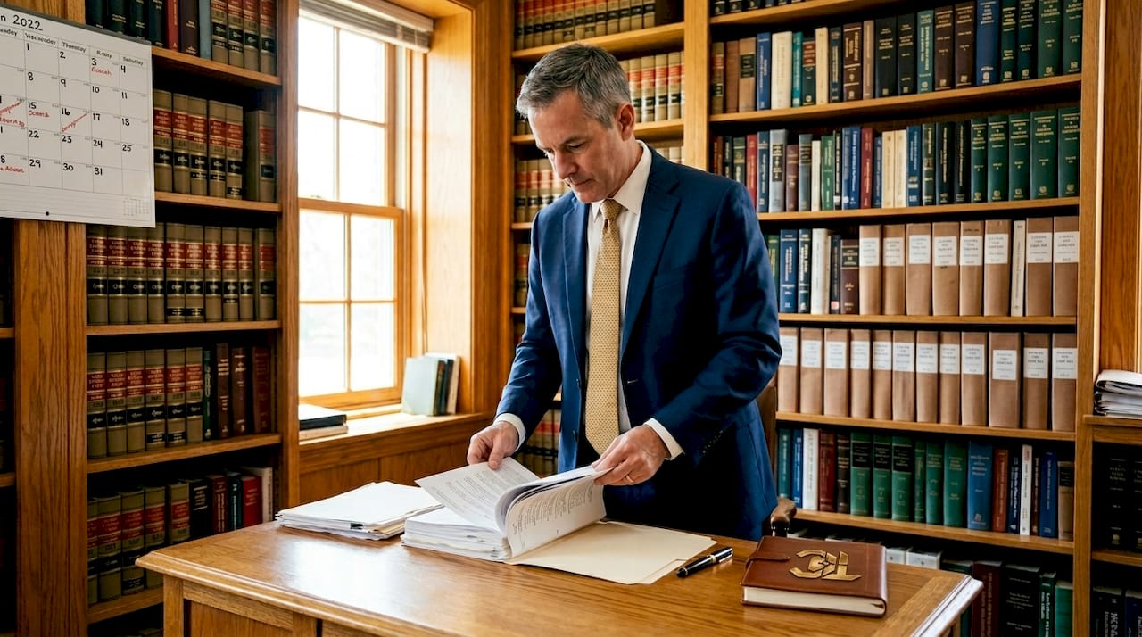 Man sorting legal documents in crowded office