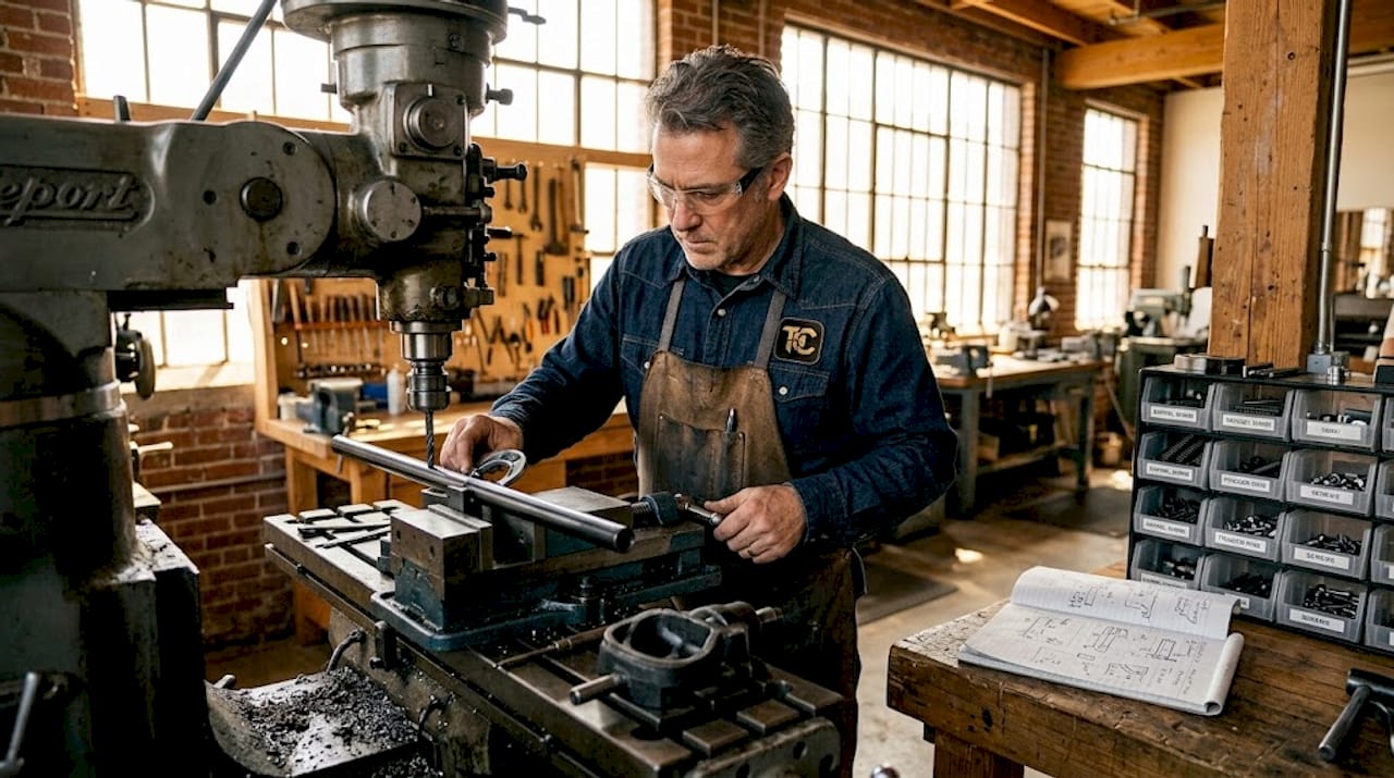 Gunsmith adjusting barrel in workshop machine area