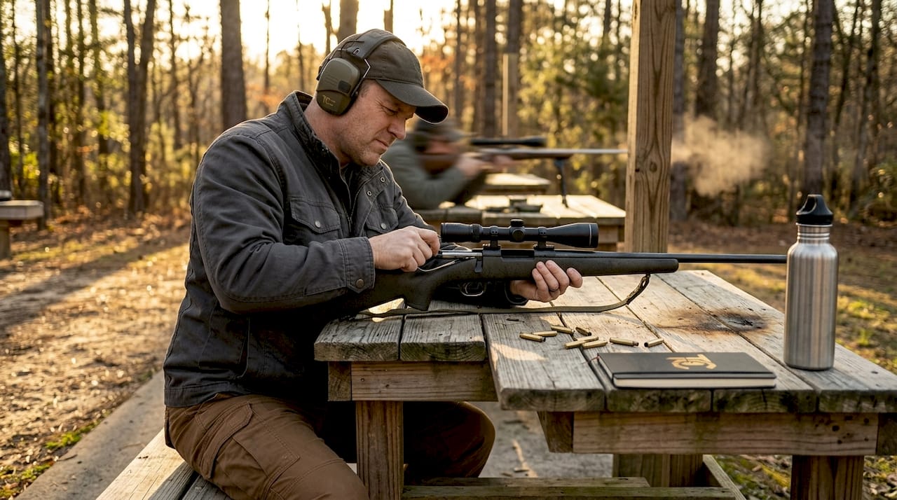 Shooter adjusting rifle with hearing protection on