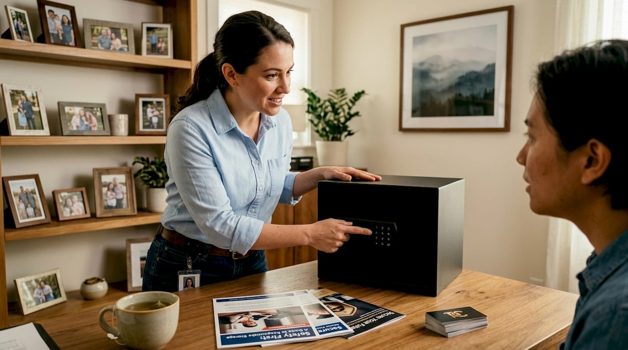 Salesperson showing gun safe to customer in store
