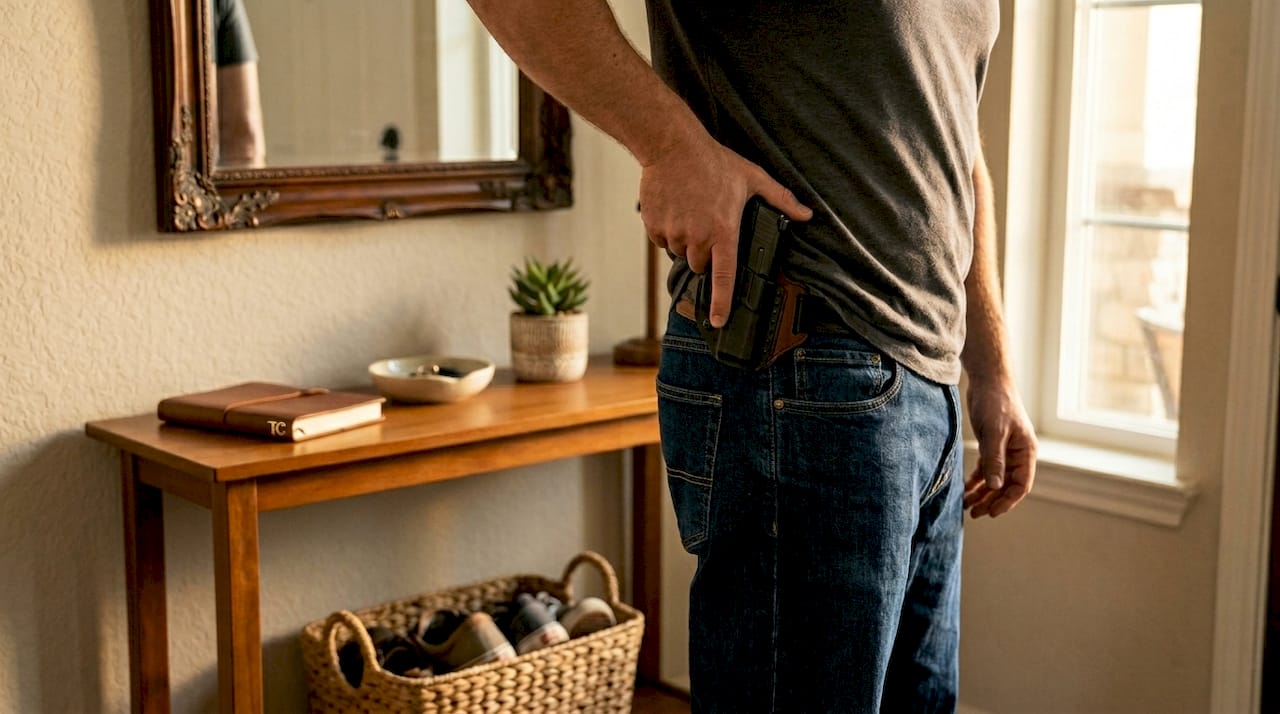 Person holstering micro-compact pistol in home hallway