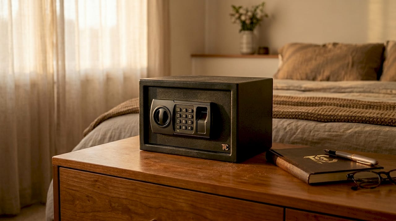 Biometric gun safe on bedroom nightstand