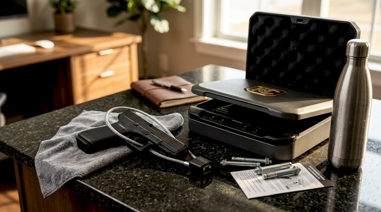 Gun storage security devices on kitchen counter