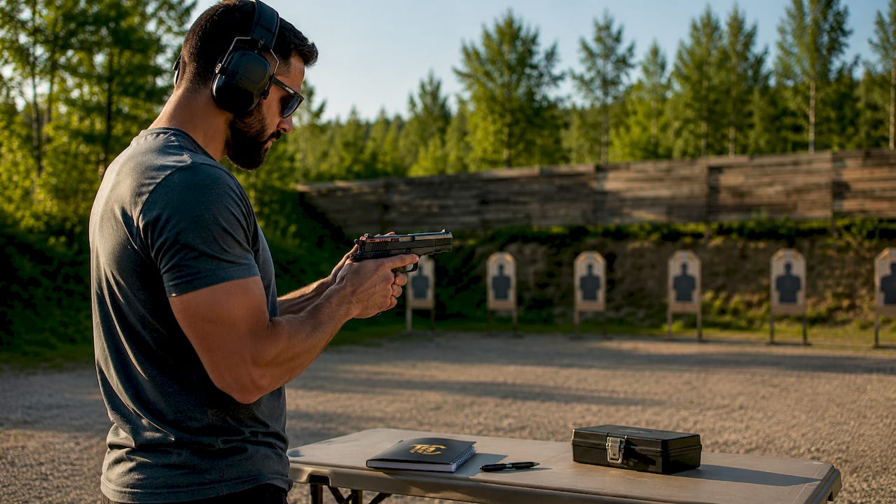 Hands demonstrating proper handgun grip and trigger control