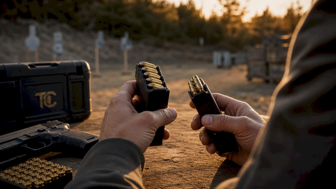 Hands comparing 9mm and .380 ACP magazines