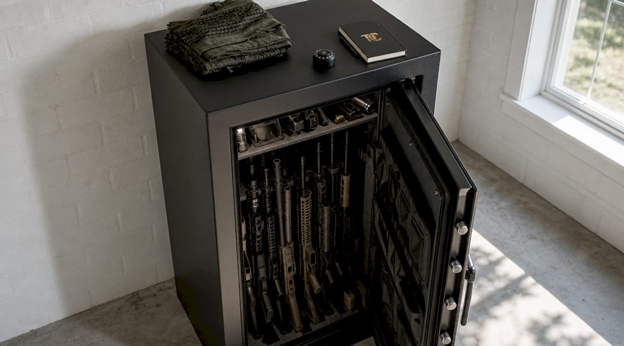 Open full-size gun safe in home office corner
