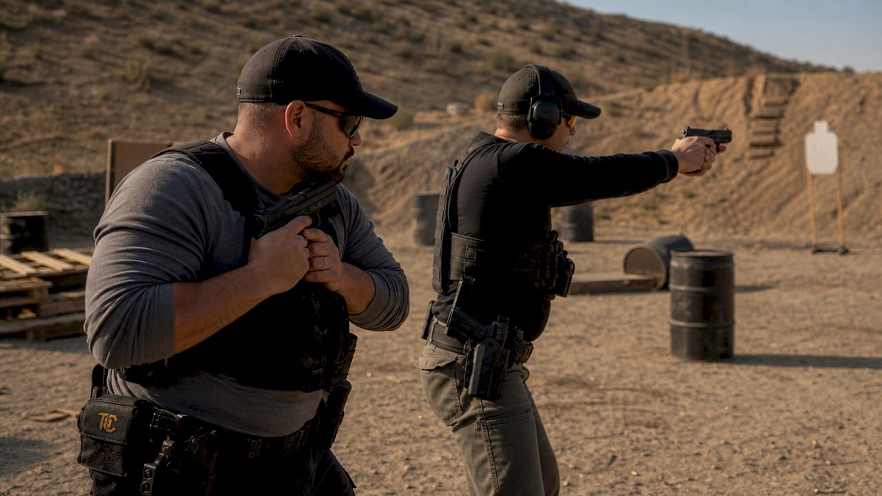 Officers demonstrating point vs close retention shooting techniques