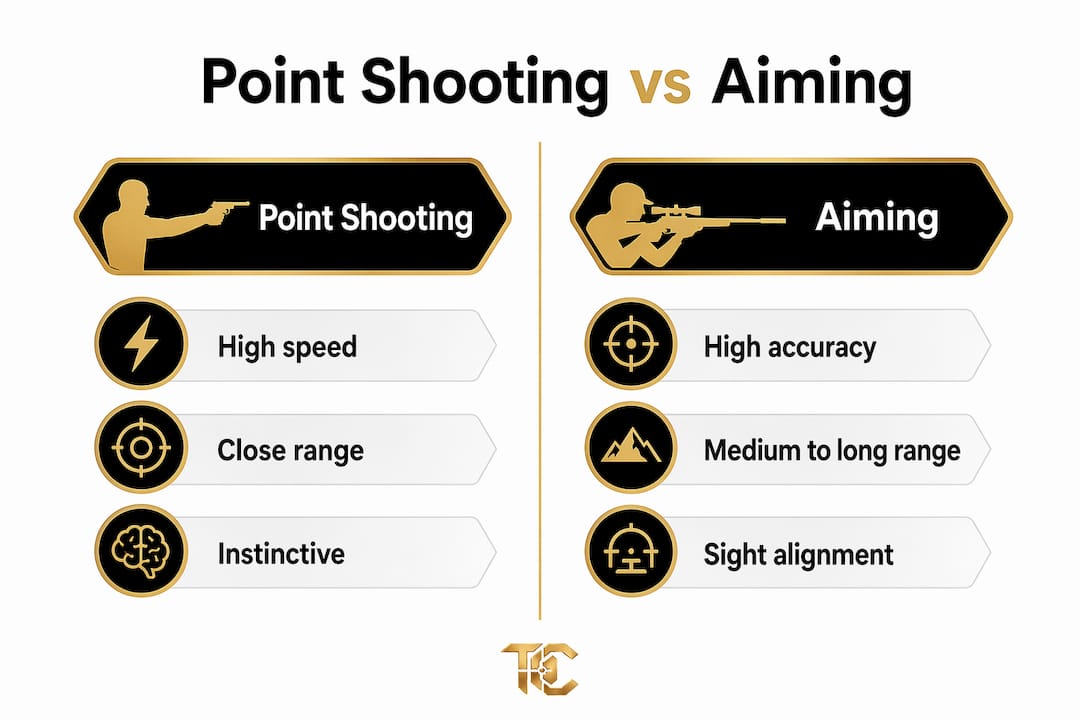 Comparison infographic of point shooting versus aiming techniques